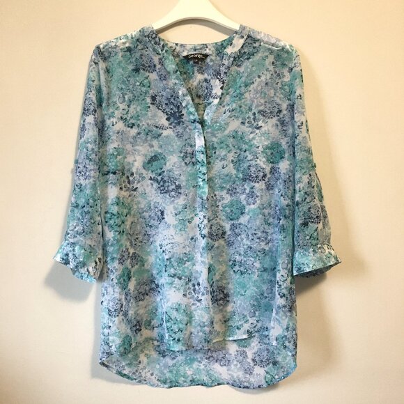 Abstract Watercolour Mermaidcore Print Sheer Button Up Collar Tunic Shirt - Picture 1 of 16